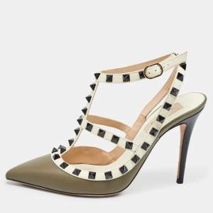 Valentino Army Green/Cream Leather Rockstud Ankle Strap Pumps Size 38