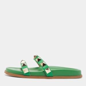Pre Owned Valentino Green Leather Rockstud Flat Slides Size 38