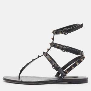 Valentino Black Leather Rockstud Ankle Strap Flats Size 40