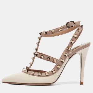 Pre Owned Valentino White Patent Leather Rockstud Strappy Pointed Toe Pumps Size 35