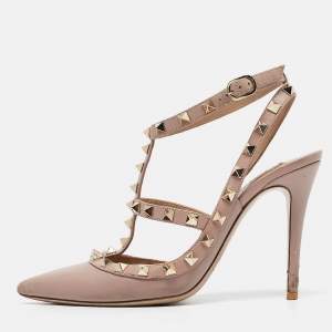 Valentino Beige Leather Rockstud Ankle Strap Pumps Size 37 