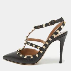 Pre Owned Valentino Black Leather Rockstud Ankle Strap Pumps Size 37 