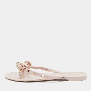 Pre Owned Valentino Pink Jelly Rockstud Bow Thong Flats Size 39