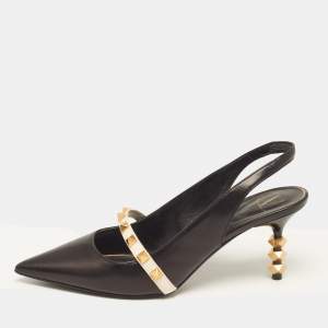Pre Owned Valentino Black/White Leather Rockstud Slingback Pumps Size 36