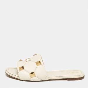 Valentino Cream Leather Roman Stud Flat Sandals Size 40