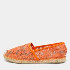 Pre Owned Valentino Orange Lace and Leather Espadrille Flats Size 39