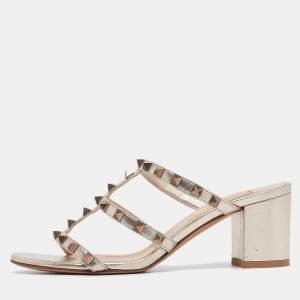 Pre Owned Valentino Metallic Bronze Leather Rockstud Slide Sandals Size 37