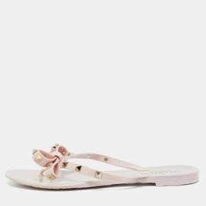 Pre Owned Valentino Water Pink Rubber Bow Detail Rockstud Flip Flops Size 38