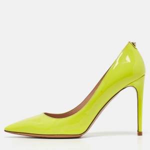 Pre Owned Valentino Neon Yellow Patent Leather One Rockstud Pumps Size 38.5
