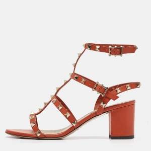 Valentino Orange Leather Rockstud Ankle Strap Sandals Size 38