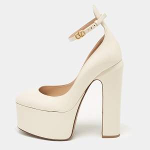 Pre Owned Valentino White Patent Leather Tango Platform Ankle Strap Block Heel Pumps Size 37.5