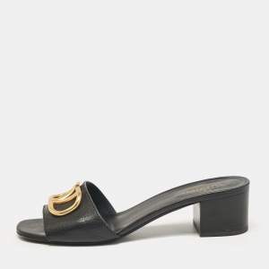 Pre Owned Valentino Black Leather Escape V logo Block Heel Slide Sandals Size 40