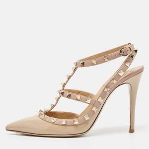 Pre Owned Valentino Beige Patent and Leather Rockstud Pumps Size 39