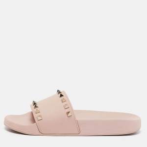 Pre Owned Valentino Beige Rubber Rockstud Flat Slides Size 38