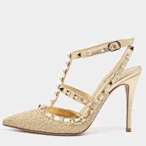 Pre Owned Valentino Gold Leather Rockstud Ankle Strap Pumps Size 37.5