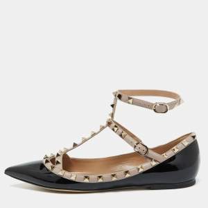 Valentino Black Leather and Patent Leather Rockstud Ballet Flats 40