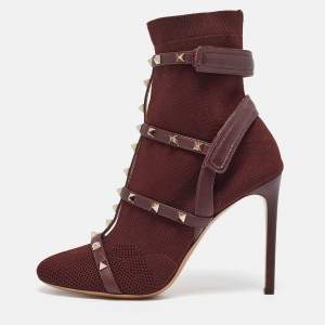 Pre Owned Valentino Burgundy Rockstud Ankle Length Boots Size 39