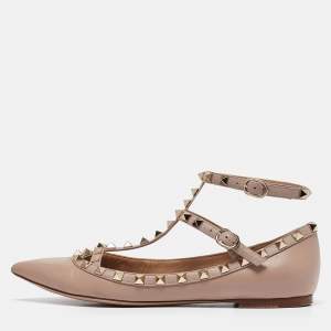 Pre Owned Valentino Beige Leather Rockstud Ballet Flats Size 37.5