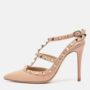 Valentino Pink Leather Rockstud Ankle Strap Pumps Size 37