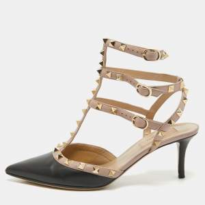 Pre Owned Valentino Black Leather Rockstud Ankle Strap Pumps Size 38