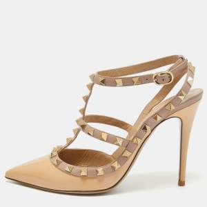 Pre Owned Valentino Beige Leather and Patent Leather Rockstud Pumps Size 38