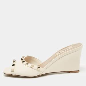 Pre Owned Valentino Cream Leather Rockstud Wedge Sandals Size 37
