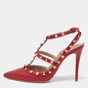 Pre Owned Valentino Red Leather Rockstud Ankle Strap Sandals Size 38