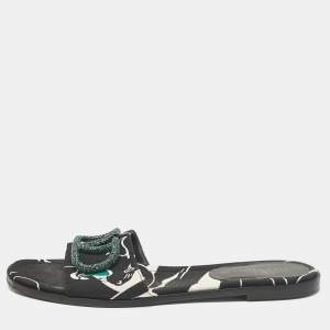 Valentino Black Printed Canvas Crystal Embellished V Logo Flat Slides Size 38