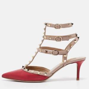 Pre Owned Valentino Purple/Beige Leather Rockstud Pumps Size 38.5