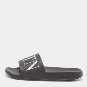 Valentino Black Rubber VLTN Flat Slides Size 38