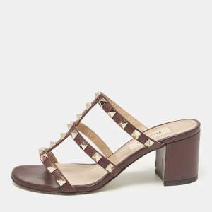 Valentino Burgundy Leather Rockstud Slide Sandals Size 34