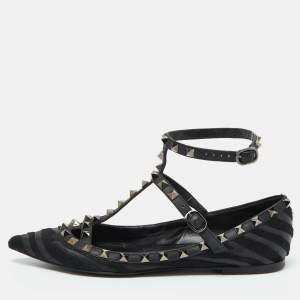 Valentino Black Calf Hair and Leather Rockstud Ankle Strap Ballet Flats Size 38