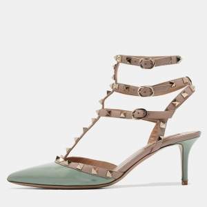 Valentino Mint Green/Dusty Pink Patent and Leather Rockstud Ankle Strap Pumps Size 40