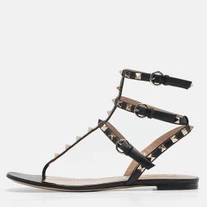 Pre Owned Valentino Black Leather Rockstud Ankle Strap Flat Sandals Size 39