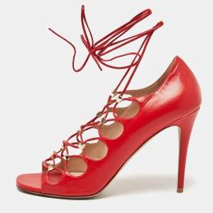 Valentino Red Leather Rockstud Ankle Tie Sandals Size 40