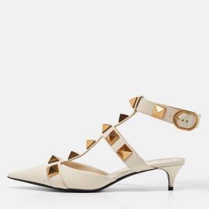 Pre Owned Valentino Cream Leather Roman Stud Pumps Size 38