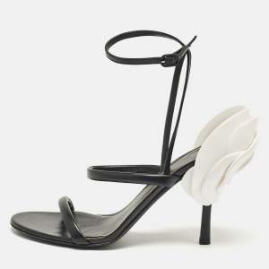 Pre Owned Valentino Black Leather Rose Detail Ankle Strap Sandals Size 39