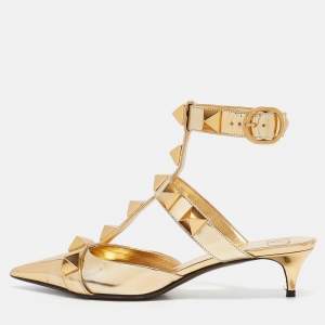 Valentino Gold Leather Roman Stud Ankle Strap Pumps Size 39