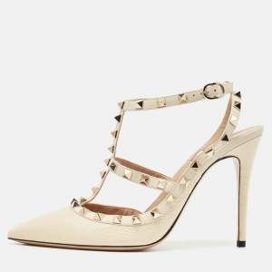 Valentino Cream Leather Rockstud Ankle Strap Pumps Size 39.5