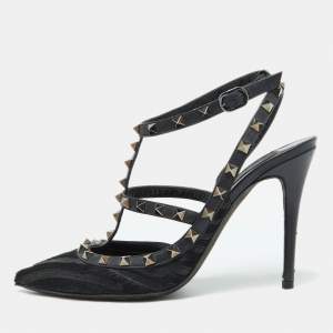 Valentino Black Leather and Calf Hair Rockstud Ankle Strap Pumps Size 40