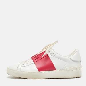 Valentino White/Pink Leather Rockstud Low Top Sneakers Size 38