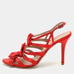 Valentino Red Satin Bow Embellished Slingback Sandals Size 39.5