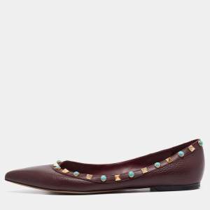 Valentino Burgundy Leather Rockstud Pointed Toe Ballet Flats Size 39.5