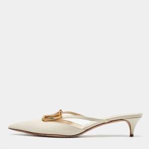 Pre Owned Valentino Cream Leather Escape Embellished V logo Signature Mules Size 38.5