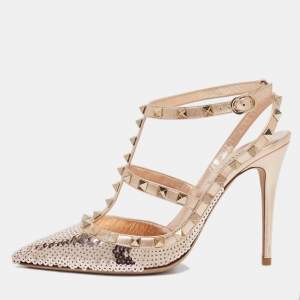 Valentino Rose Gold Sequins and Leather Rockstud Ankle Strap Pumps Size 39