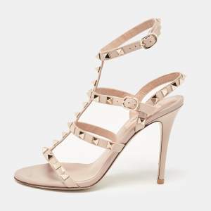 Pre Owned Valentino Dusty Pink Patent Leather Rockstud Ankle Strap Sandals Size 36