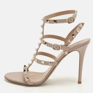 Valentino Beige Patent Leather Rockstud Ankle Strap Sandals Size 39.5