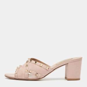 Valentino Pink Leather Rockstud Block Heel Slide Sandals Size 38