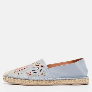 Valentino Light Blue Embroidered and Laser Cut Leather Espadrille Flats Size 38