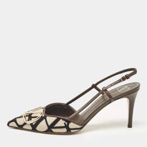 Pre Owned Valentino Beige/Brown Canvas and Leather VLogo Slingback Pumps Size 38